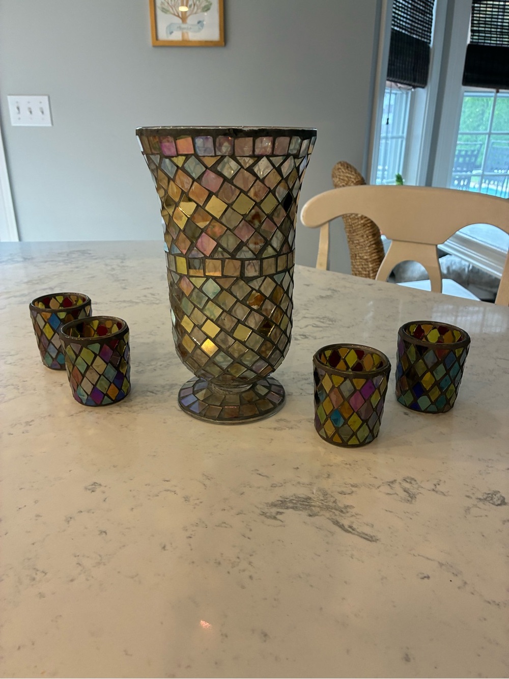 Iridescent Mosaic Glass Hurricane Vase with 4 Tealight Holders